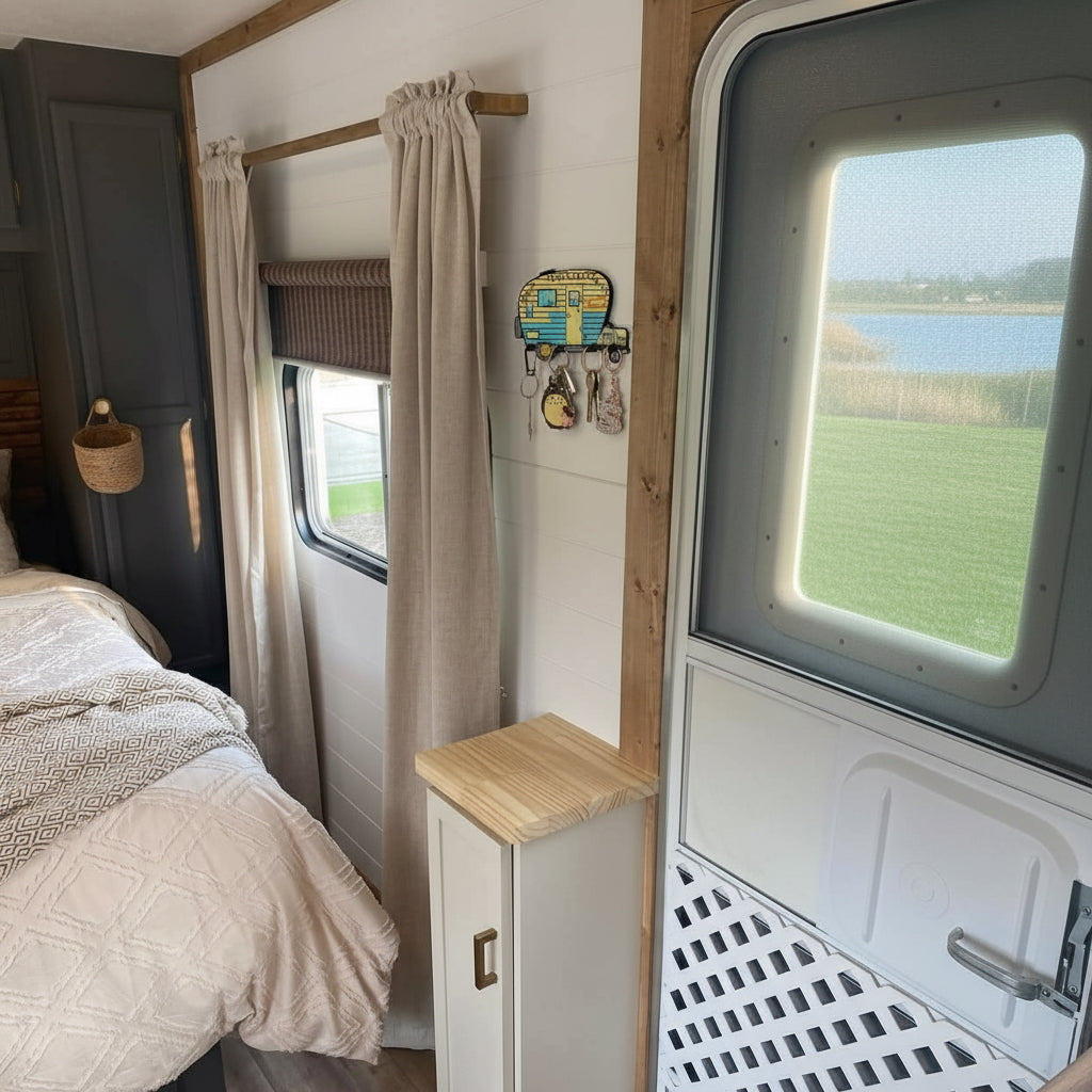 Camper Key Holder for Wall – No Drill No Holes, Adhesive Wall Mount Rack for Keys and Accessories – Cute Vintage Decor for Inside RV or Trailers – Stick On