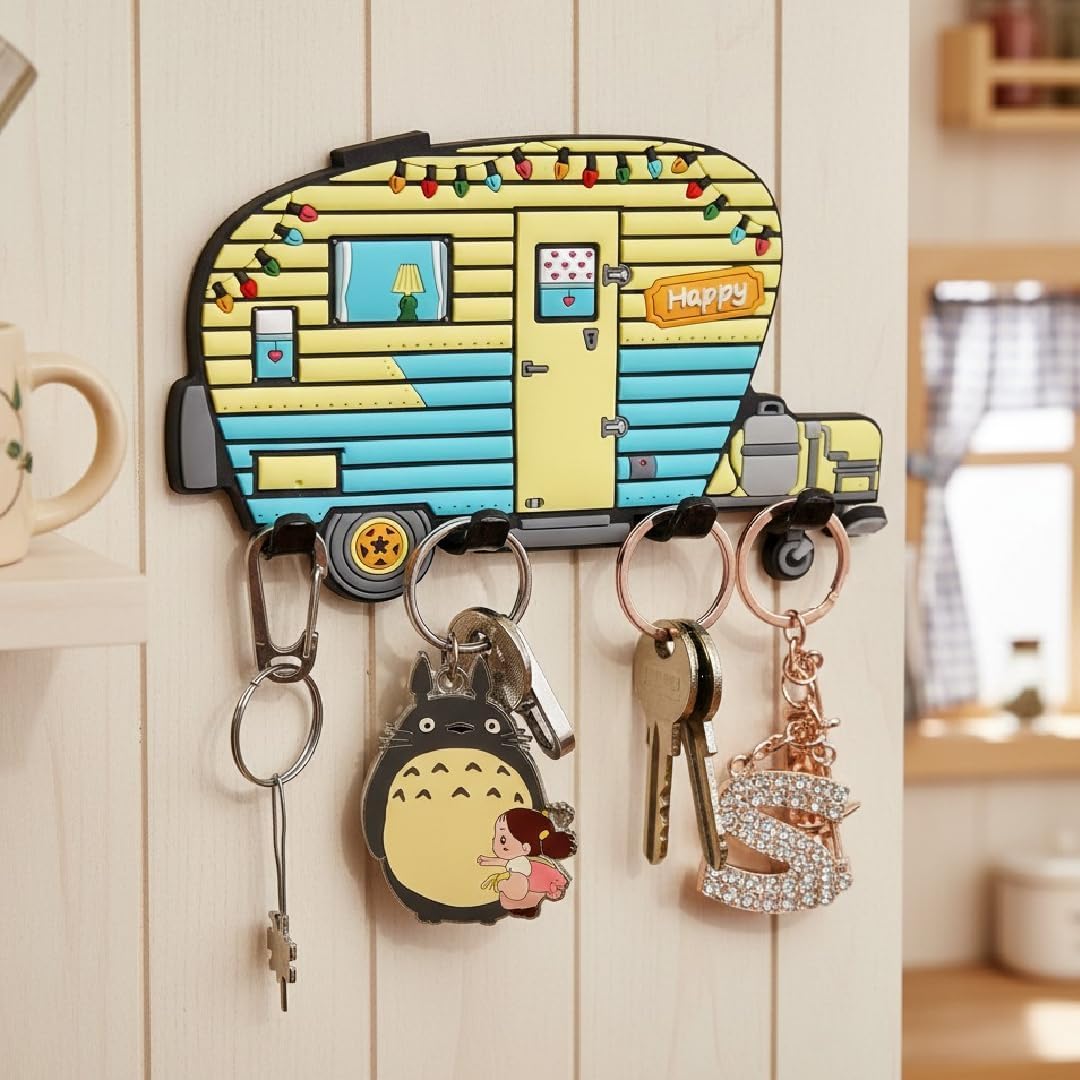 Camper Key Holder for Wall – No Drill No Holes, Adhesive Wall Mount Rack for Keys and Accessories – Cute Vintage Decor for Inside RV or Trailers – Stick On