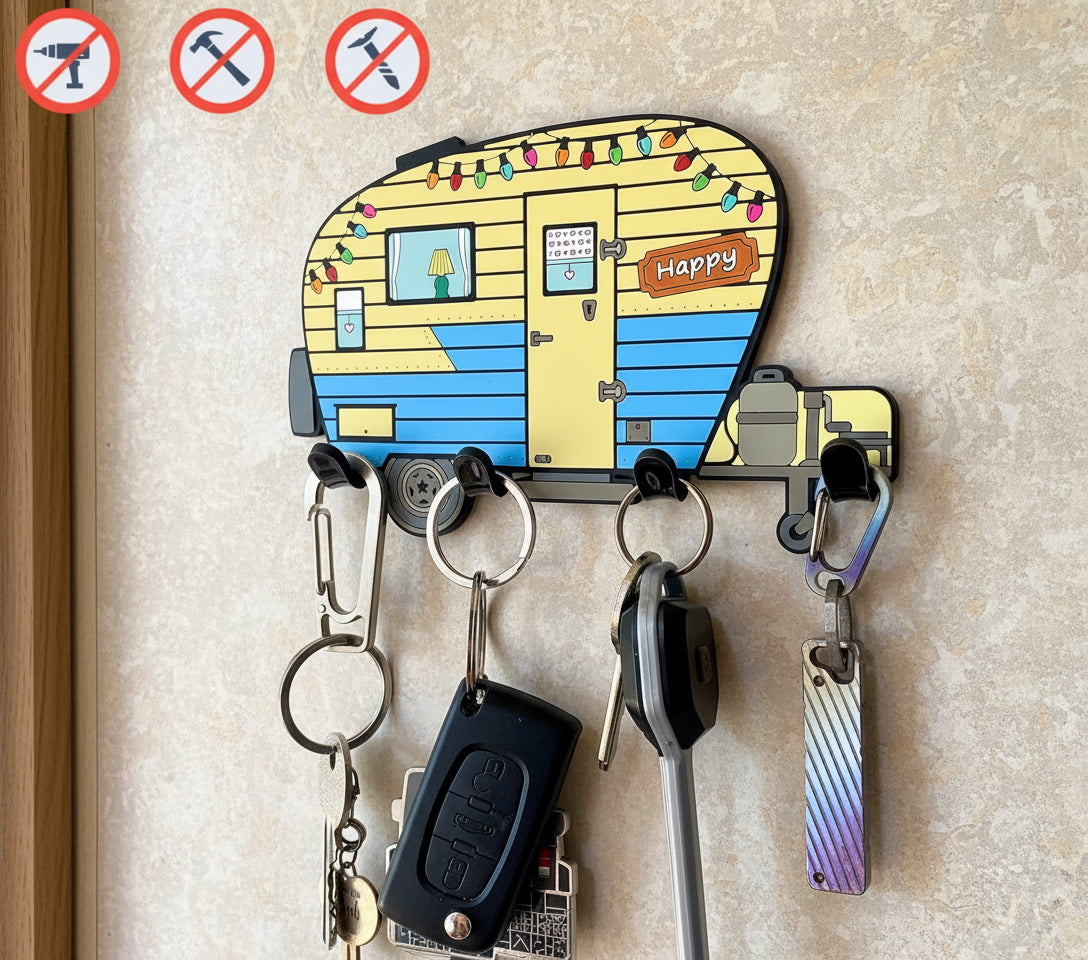 Camper Key Holder for Wall – No Drill No Holes, Adhesive Wall Mount Rack for Keys and Accessories – Cute Vintage Decor for Inside RV or Trailers – Stick On